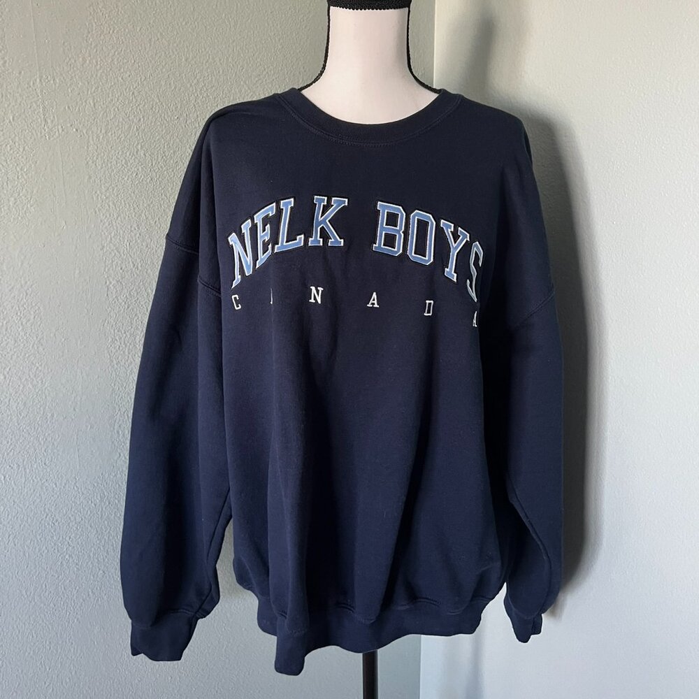 Nelk Boys Canada Mens Sweatshirt Blue Pullover Spell Out Crew Embroidered XL